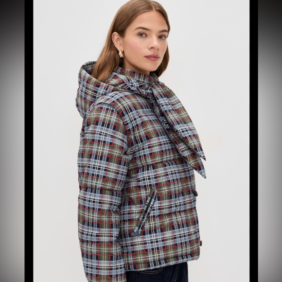 Damson Madder Jackets & Blazers - Plaid Puffer Bomber Jacket with Scarf Hood - Brown/Gray
